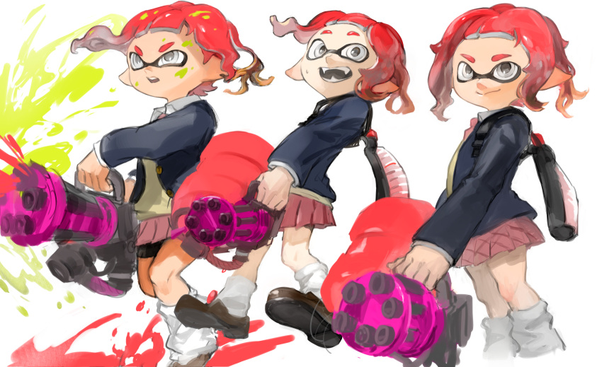 1girl, bike_shorts_under_skirt, black_shorts, blue_jacket, brown_footwear, closed_mouth, collared_shirt, fangs