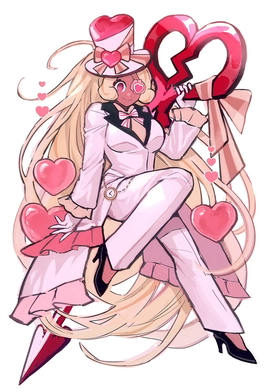 1girl, @_@, absurdly_long_hair, arm_at_side, black_footwear, blonde_hair, bow, bowtie