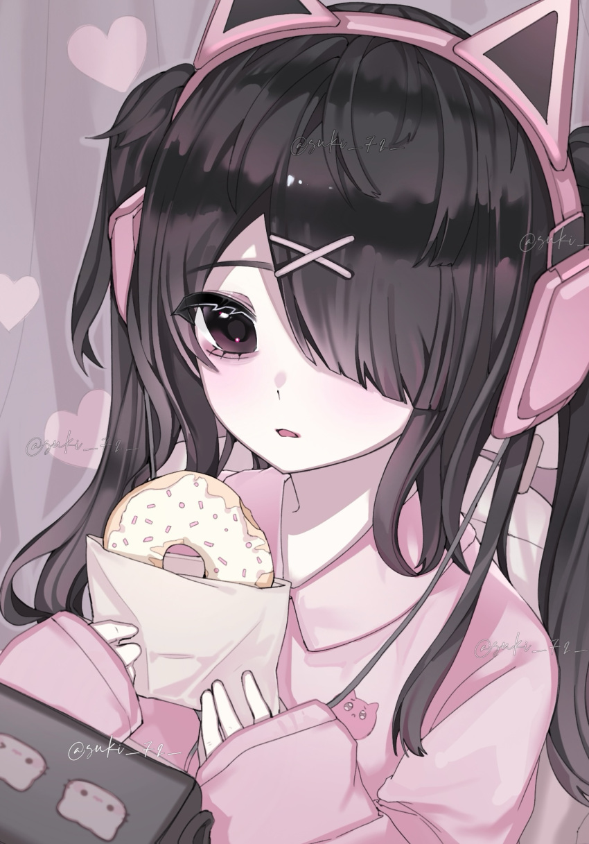1girl, ame-chan_(needy_girl_overdose), animal_ear_headphones, animal_ears, artist_name, black_eyes, black_hair, blush
