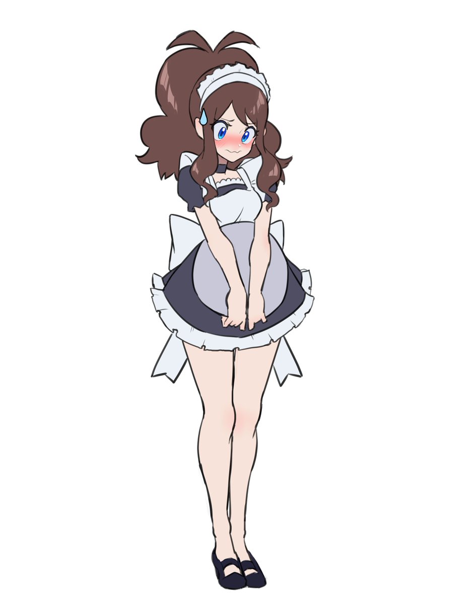 1girl, alternate_costume, apron, black_choker, black_dress, black_footwear, blue_eyes, blush, brown_hair, choker, commentary, dress, embarrassed, full_body, grimmelsdathird, highres, hilda_(pokemon), holding, holding_tray, long_hair, looking_down, maid, maid_apron, maid_headdress, pokemon, pokemon_bw, ponytail, solo, sweatdrop, symbol-only_commentary, tray, white_background