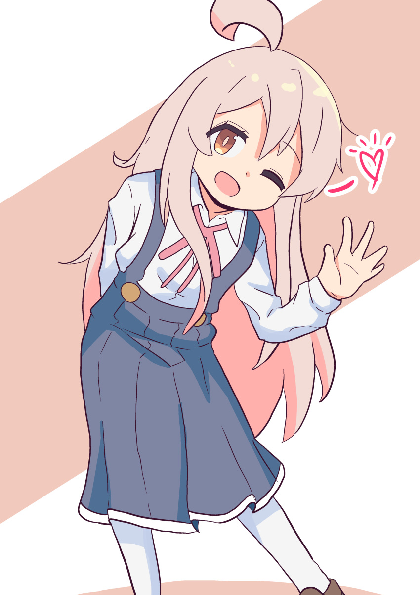 1girl, ;d, absurdres, ahoge, arm_behind_back, black_skirt, brown_background, brown_eyes