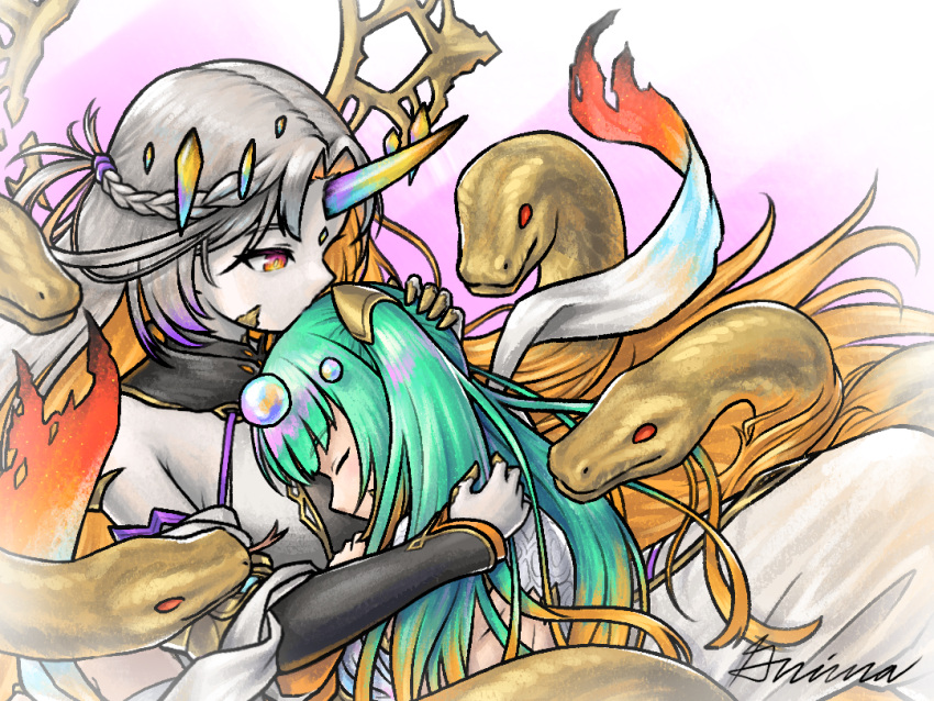 2girls, aqua_hair, blonde_hair, closed_mouth, facial_mark, fire_emblem, fire_emblem_heroes, gradient_hair