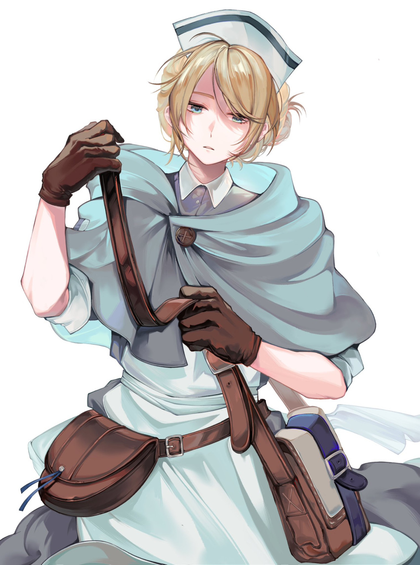 1girl, belt, blonde_hair, blue_capelet, brown_gloves, capelet, castti_florenz, commentary