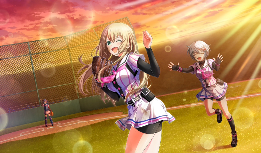 3girls, ;d, ^_^, asahina_iroha, baseball_field, baseball_mitt, baseball_uniform, belt