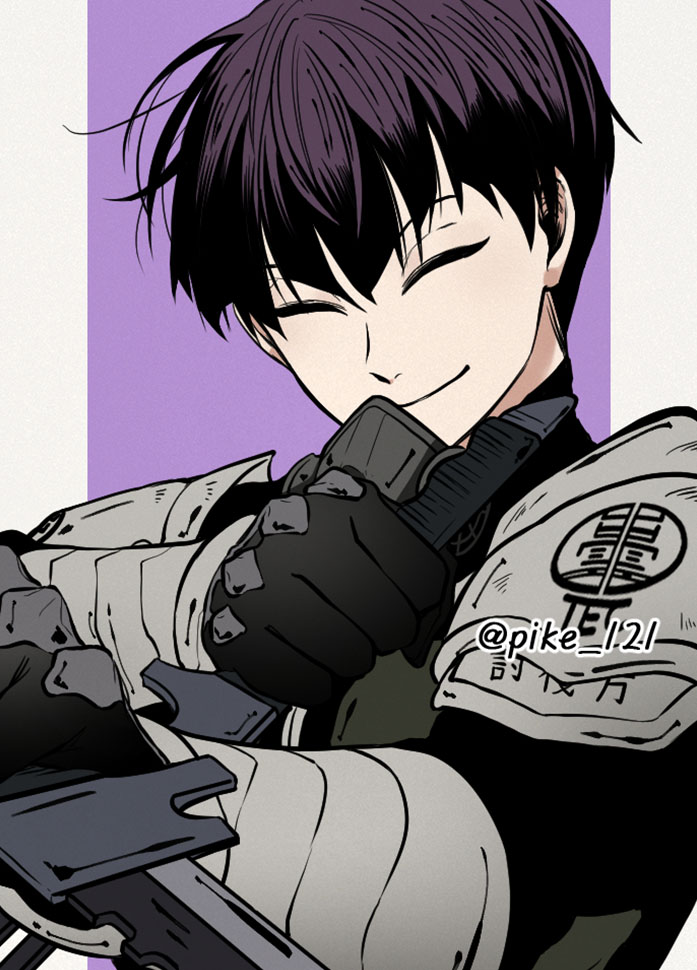 1boy, black_hair, gloves, hair_between_eyes, holding, holding_weapon, hoshina_soshiro, kaijuu_no._8, male_focus, pike_121, purple_background, simple_background, smile, sword, upper_body, weapon