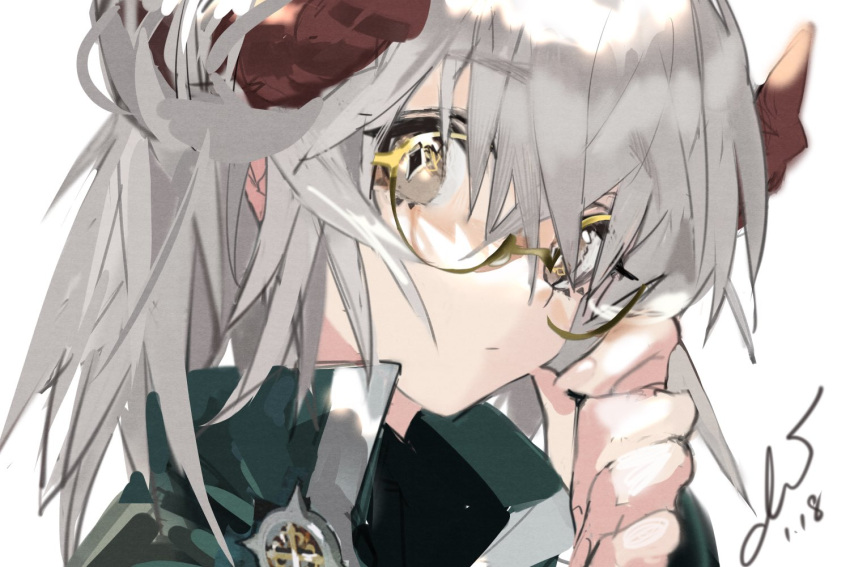 1girl, adjusting_eyewear, aqua_coat, black_shirt, brown_eyes, brown_horns, character_request, closed_mouth