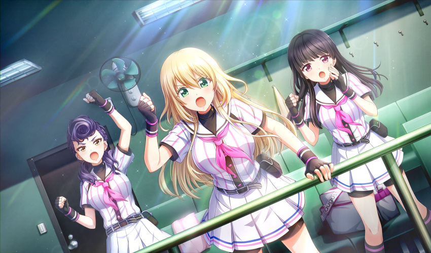 3girls, :o, arm_up, baseball_stadium, baseball_uniform, belt, belt_buckle, belt_pouch
