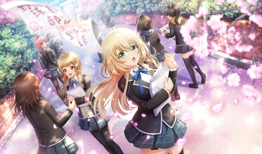 bag, black_footwear, black_jacket, black_pantyhose, black_thighhighs, blonde_hair, blue_bag, blue_ribbon