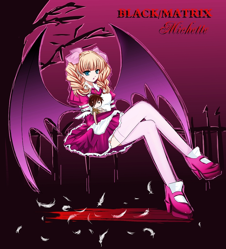 bad_id, black/matrix, crossed_legs, michette, shii_(pixiv), sitting, thighhighs
