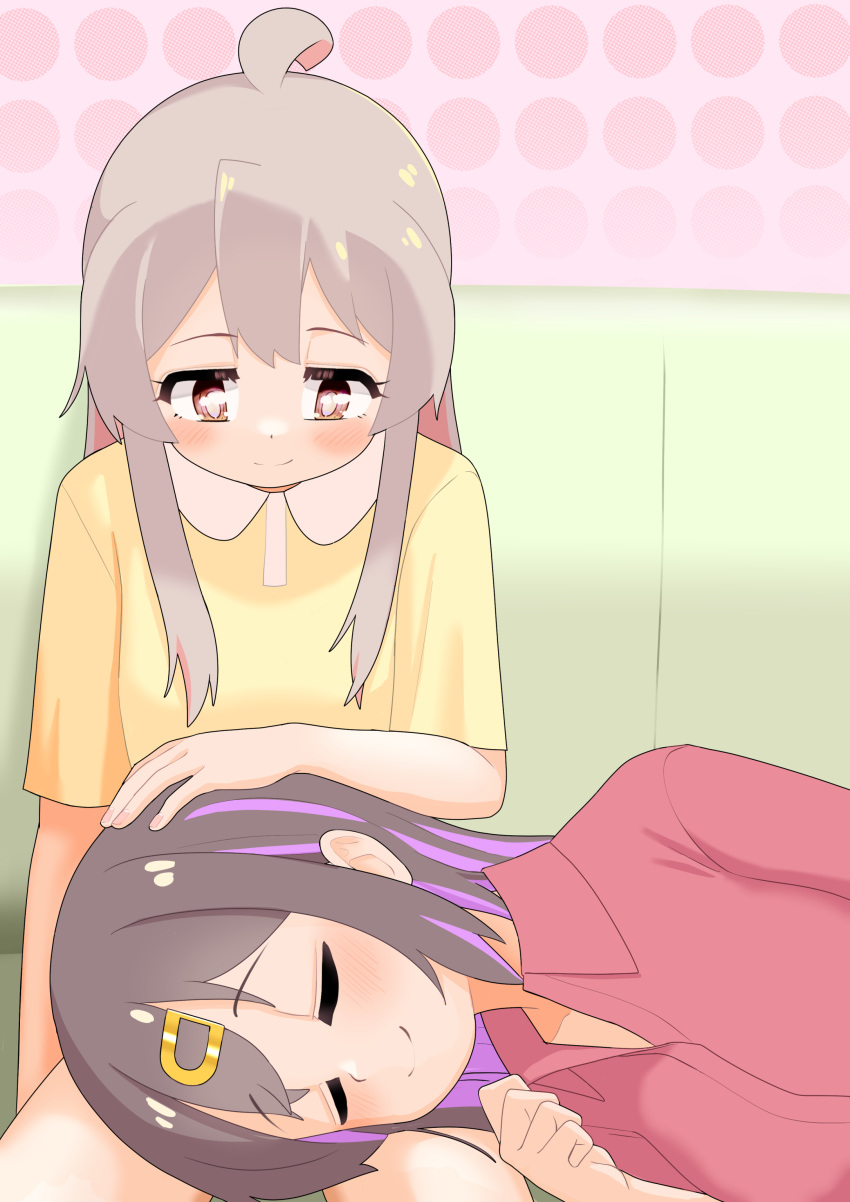 2girls, absurdres, ahoge, black_hair, blush, brown_eyes, closed_eyes, colored_inner_hair