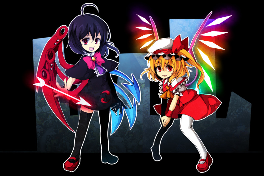 ahoge, arrow, asymmetrical_wings, black_hair, black_legwear, blonde_hair, flandre_scarlet, hat
