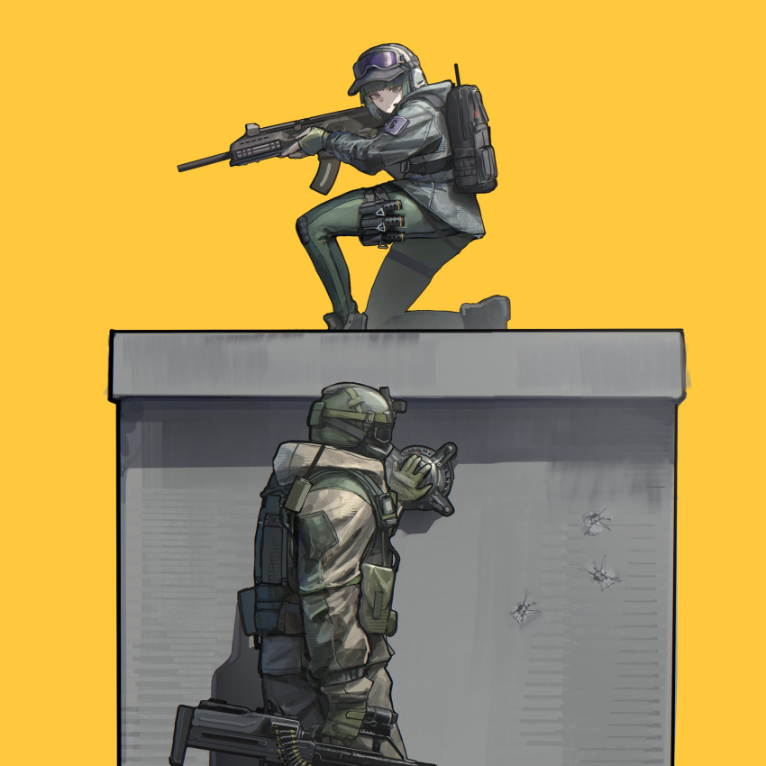 1boy, 1girl, absurdres, backpack, bag, baseball_cap, brown_jacket, bullet_hole