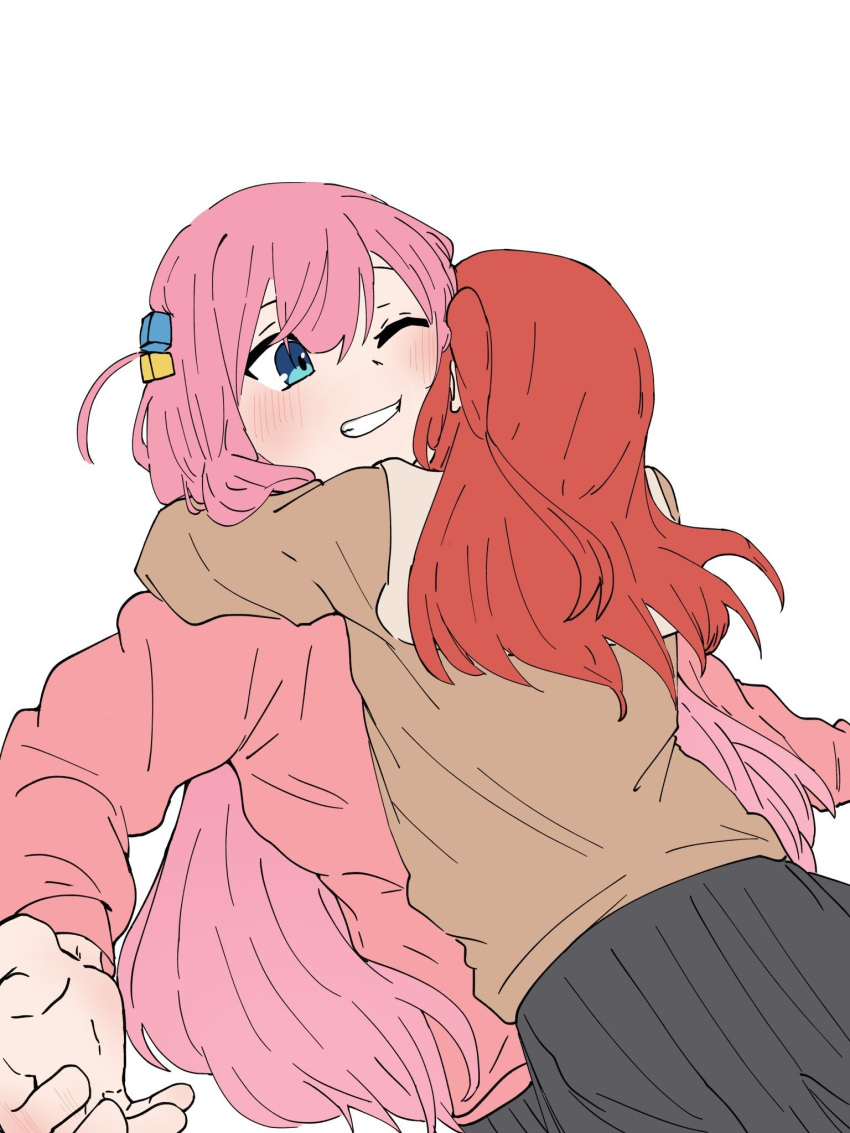 2girls, blue_eyes, blush, bocchi_the_rock!, cheek-to-cheek, cheek_press, cheek_squash, cube_hair_ornament