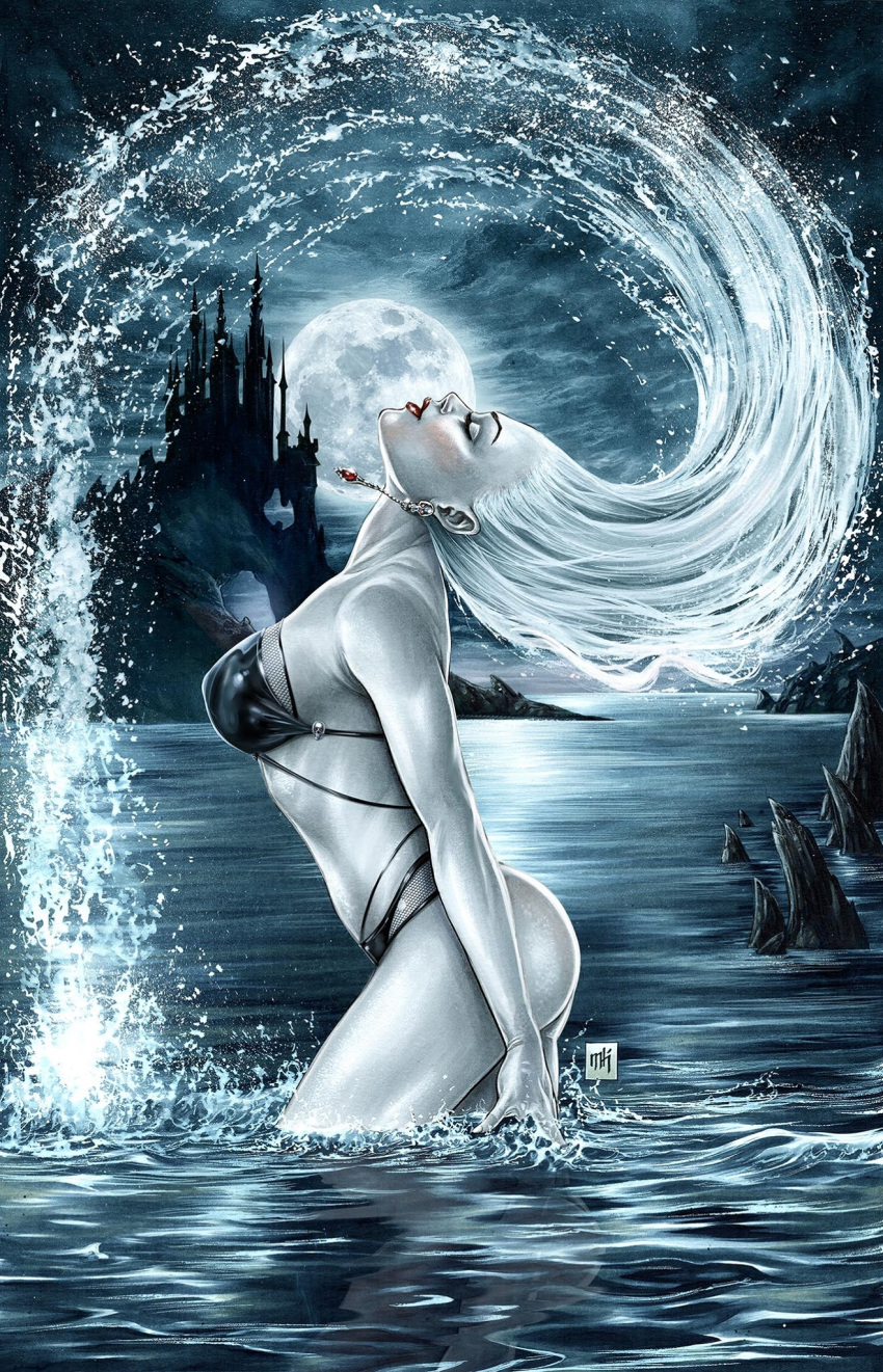 1girl, artist_logo, bikini, black_bikini, colored_skin, from_side, full_moon, grey_skin