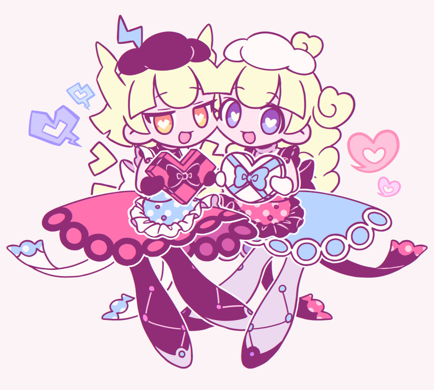 2girls, apron, black_pantyhose, blonde_hair, blue_dress, box, bright_pupils, cheek-to-cheek