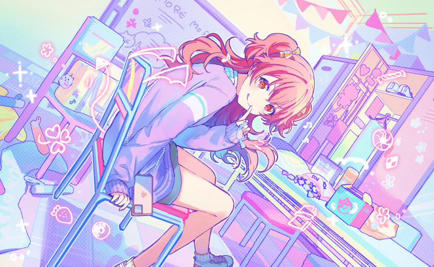 1girl, bag, cellphone, chair, dressing_room, feet, highres, jacket, jiwoo_owo9, long_hair, long_sleeves, looking_back, miniskirt, momoi_airi, official_alternate_costume, official_style, parody, phone, pink_hair, project_sekai, red_eyes, sitting, skirt, solo, stuffed_toy, style_parody, table, thighs, two_side_up, vanity_table, white_footwear