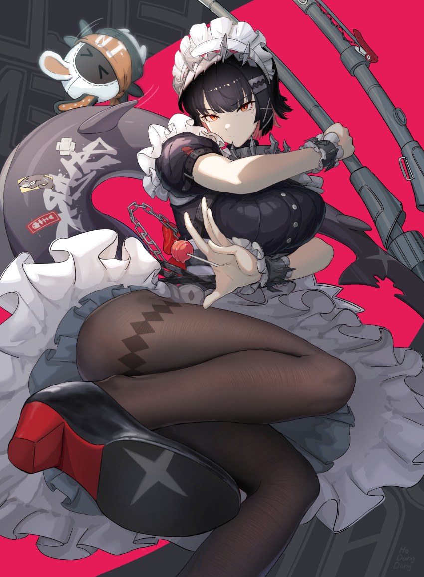 1girl, absurdres, black_footwear, black_hair, black_pantyhose, candy, chain, commentary, ellen_joe, english_commentary, eous_(zenless_zone_zero), fins, fish_tail, food, high_heels, highres, hodangdang_ok, holding, holding_weapon, lollipop, looking_at_viewer, maid, maid_headdress, mixed-language_commentary, orange_eyes, pantyhose, shark_tail, short_hair, tail, weapon, wrist_cuffs, zenless_zone_zero