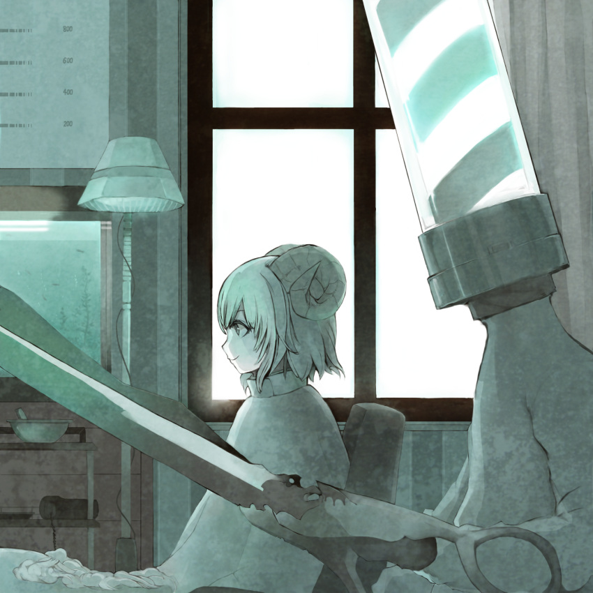 haircut, highres, horns, monorino, original, scissors, sheep_horns, short_hair