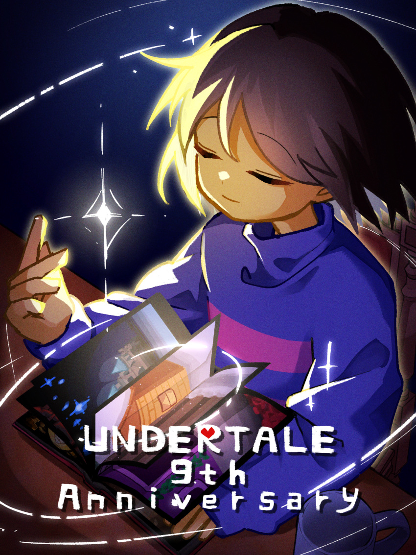 1other, androgynous, anniversary, brown_hair, chair, closed_eyes, commentary_request, copyright_name, frisk_(undertale), highres, long_sleeves, photo_album, shirt, short_hair, sitting, smile, solo, striped_clothes, striped_shirt, table, undertale, yoshino_(q_sci)
