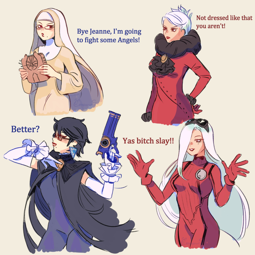 2girls, bayonetta, bayonetta_(series), bayonetta_1, bayonetta_2, black_bodysuit, black_hair, bodysuit