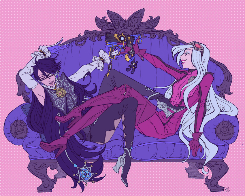 2girls, bayonetta, bayonetta_(series), bayonetta_2, black_bodysuit, black_hair, bodysuit, gun, holding, holding_gun, holding_weapon, jeanne_(bayonetta), long_hair, looking_at_another, multiple_girls, red_bodysuit, short_hair, spacerocketbunny, very_long_hair, weapon, white_hair