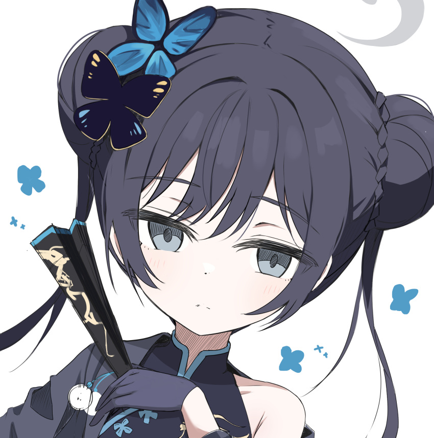 1girl, absurdres, black_gloves, black_hair, blue_archive, bug, butterfly, butterfly_hair_ornament