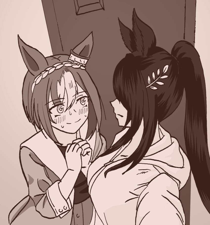 2girls, animal_ears, black_hair, blush, braid, breasts, cesario_(umamusume), crown_braid