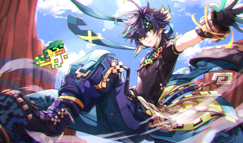 1boy, ajaw_(genshin_impact), antenna_hair, aqua_gloves, aqua_hair, aqua_headband, aqua_pants, aqua_ribbon