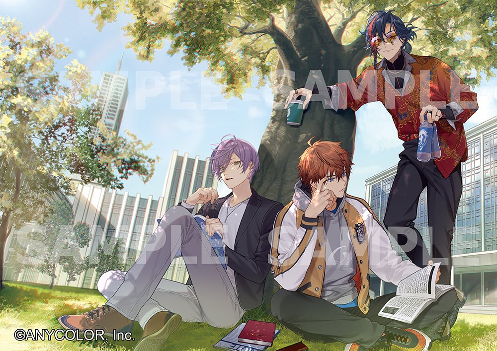 3boys, 3skm_(nijisanji), bead_necklace, beads, belt, black_footwear, black_jacket, black_nails