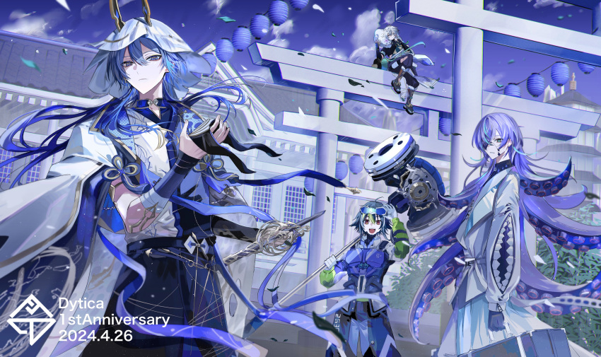 4boys, :d, absurdres, adjusting_eyewear, anniversary, aqua_eyes, arm_guards, armor, bead_necklace, beads, black_coat, black_gloves, black_hair, black_pants, black_robe, black_shirt, blue_eyes, blue_hair, blue_pants, blue_ribbon, blue_skirt, blue_theme, bulletproof_vest, cape, closed_mouth, clouds, coat, collared_shirt, copyright_notice, cowboy_shot, cracked_skin, crop_top, crossed_bangs, dated, day, dytica_(nijisanji), earrings, expressionless, extra_teeth, fake_horns, falling_leaves, flipped_hair, flower_knot, full_body, fur_trim, gloves, goggles, goggles_on_head, green_hair, green_sleeves, hadanugi_dousa, hair_between_eyes, hakama, hakama_pants, hammer, hanafuda_earrings, hand_on_eyewear, highres, holding, holding_hammer, holding_mask, holding_suitcase, holding_sword, holding_weapon, hollow_body, horned_headwear, horns, hoshirube_sho, inami_rai, jacket, japanese_armor, japanese_clothes, jewelry, katana, kote, koyanagi_rou, kurokote, kushiro_kuki, lantern, leaf, long_hair, long_sleeves, looking_at_viewer, looking_to_the_side, male_focus, mask, medium_hair, multicolored_clothes, multicolored_hair, multiple_boys, multiple_torii, murakumo_kagetsu, necklace, nijisanji, one-eyed, outdoors, over_shoulder, pants, paper_lantern, parted_lips, pelvic_curtain, plant, puffy_long_sleeves, puffy_sleeves, purple_hair, red_eyes, ribbon, robe, sandals, shirt, short_hair, short_sleeves, sidelocks, single_earring, sitting, sitting_on_torii, skirt, smile, stairs, standing, streaked_hair, suitcase, sword, tabi, tactical_clothes, temple, tentacle_hair, torii, two-tone_robe, unworn_mask, veil, violet_eyes, virtual_youtuber, war_hammer, weapon, weapon_over_shoulder, white_cape, white_hair, white_jacket, white_robe, white_veil, wide_sleeves, zouri