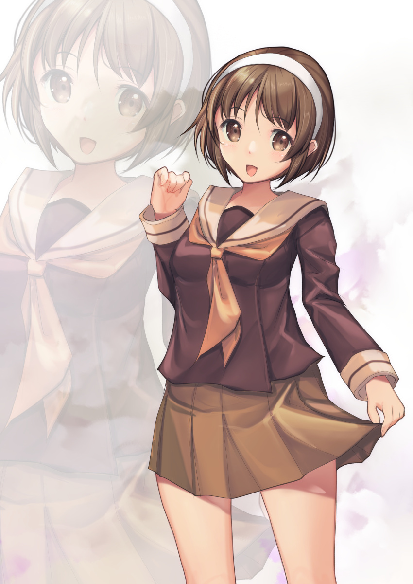 1girl, absurdres, brooklyn, brown_hair, brown_sailor_collar, brown_shirt, brown_skirt, cosplay