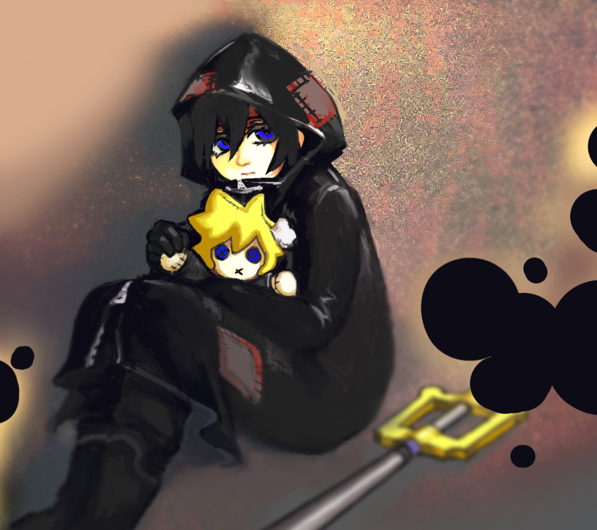 1girl, black_coat_(kingdom_hearts), black_hair, blonde_hair, blue_eyes, boots, button_eyes, buttons