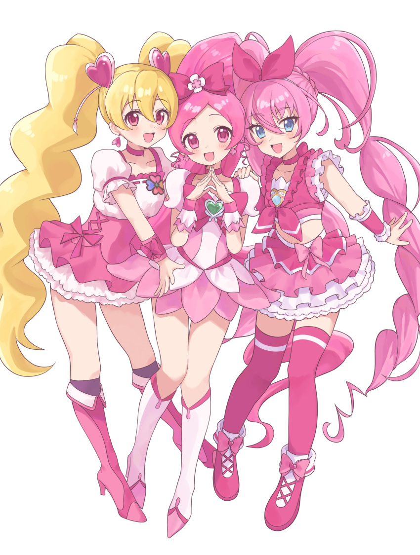 3girls, :d, absurdres, black_socks, blonde_hair, blue_eyes, blush, boots