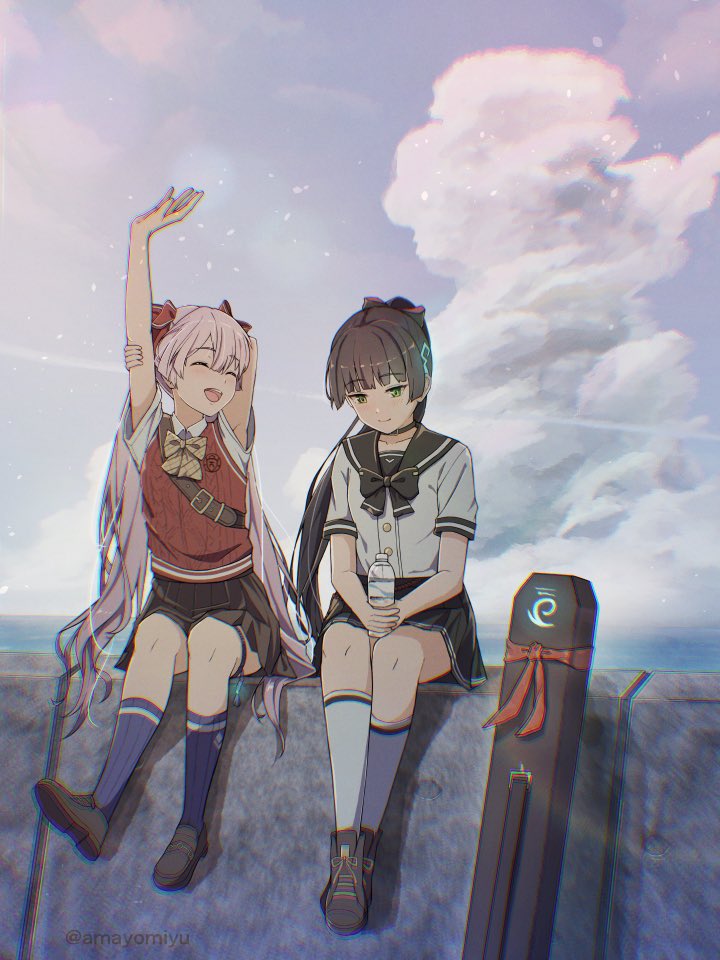2girls, amayomiyu, black_hair, black_sailor_collar, black_skirt, blue_sky, clouds, cloudy_sky