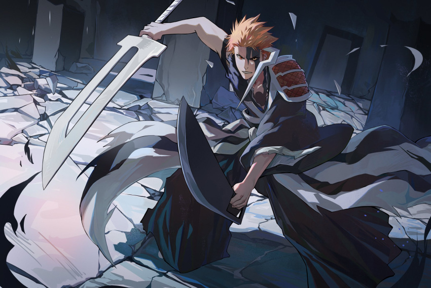 1boy, asymmetrical_clothes, asymmetrical_sleeves, bankai, black_sclera, bleach, bleach:_sennen_kessen-hen, body_markings
