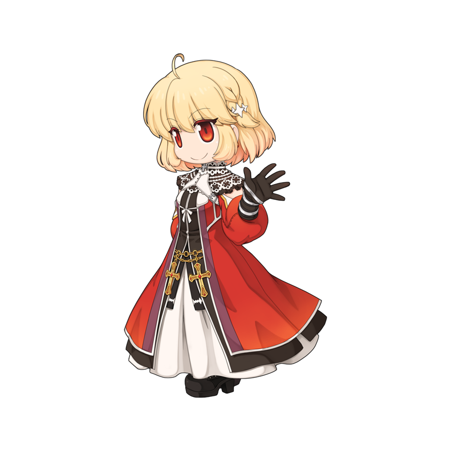 1girl, ahoge, black_footwear, black_gloves, black_shirt, blonde_hair, chibi, chibi_only, closed_mouth, clothing_cutout, coat, cross, frilled_shirt_collar, frills, full_body, gloves, inquisitor_(ragnarok_online), long_skirt, long_sleeves, looking_at_viewer, official_art, puffy_long_sleeves, puffy_sleeves, ragnarok_online, red_coat, red_eyes, seriang, shirt, shoes, shoulder_cutout, simple_background, skirt, sleeveless, sleeveless_shirt, smile, solo, sparkle_hair_ornament, split_mouth, standing, transparent_background, waving, white_skirt, yuichirou
