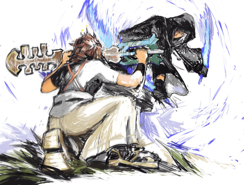 2boys, black_coat_(kingdom_hearts), boots, brown_hair, chest_strap, dark-skinned_male, dark_skin, dual_wielding