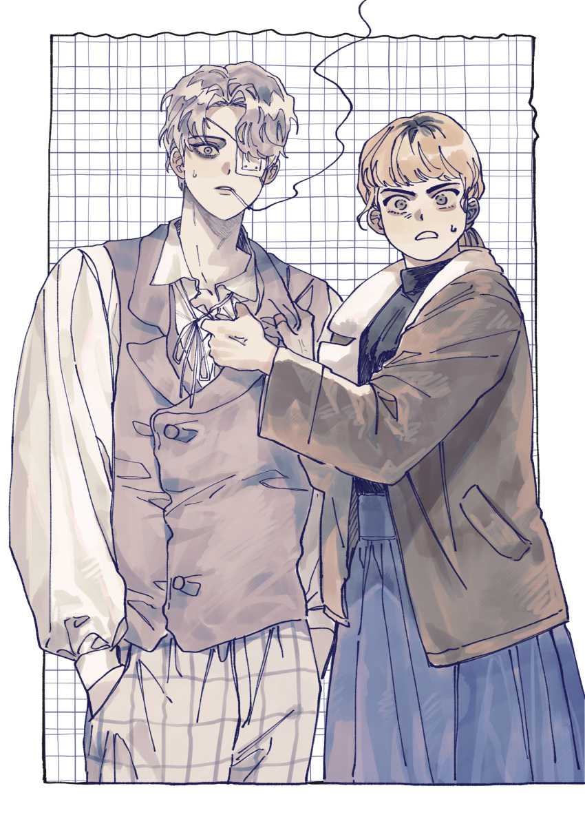 1boy, 1girl, absurdres, black_hair, black_shirt, blonde_hair, blue_skirt, bomber_jacket