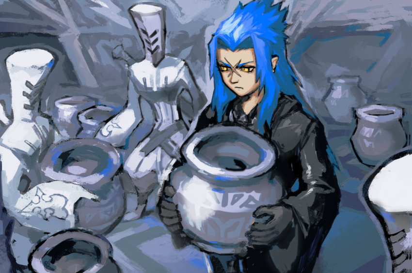 1boy, black_coat_(kingdom_hearts), black_gloves, blue_hair, cross_scar, english_commentary, gloves, hair_slicked_back