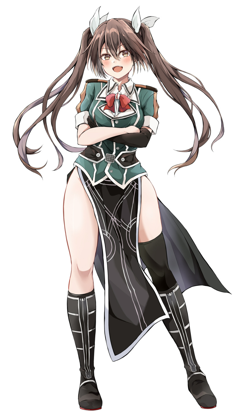 1girl, asymmetrical_legwear, black_gloves, blush, boots, bow, bowtie, breasts