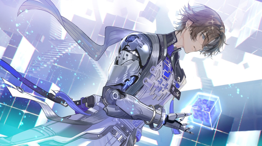 1boy, angye_fdez, belt_buckle, blue_eyes, blue_ribbon, blue_shirt, brown_hair, buckle