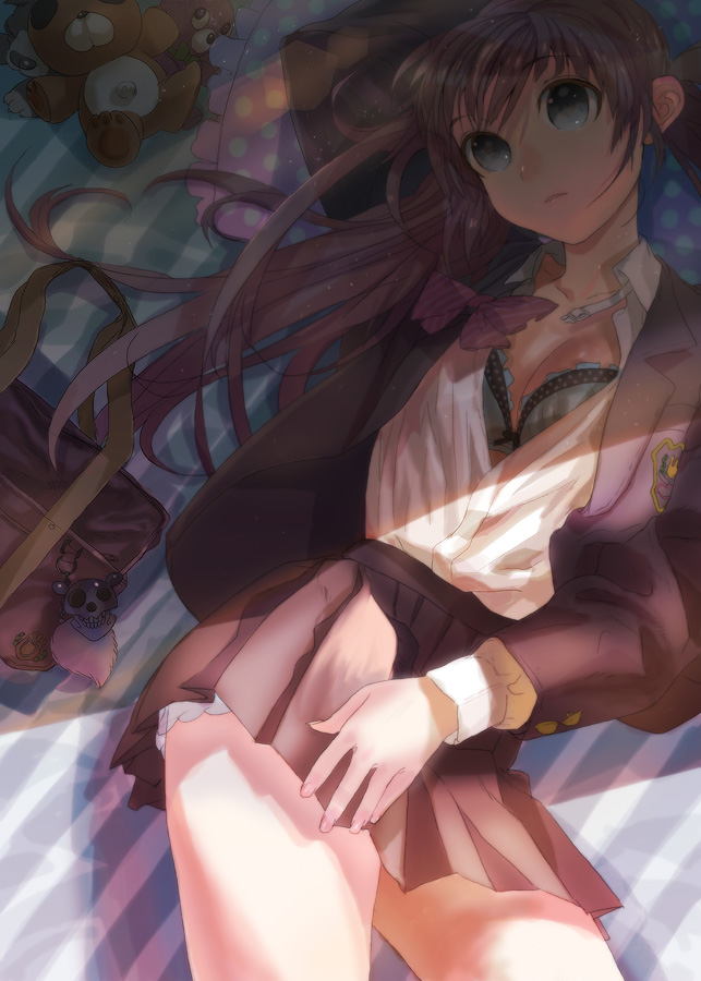 bag, blue_eyes, bra, brown_hair, lingerie, ochirucchuru, ochurucchuru, on_back