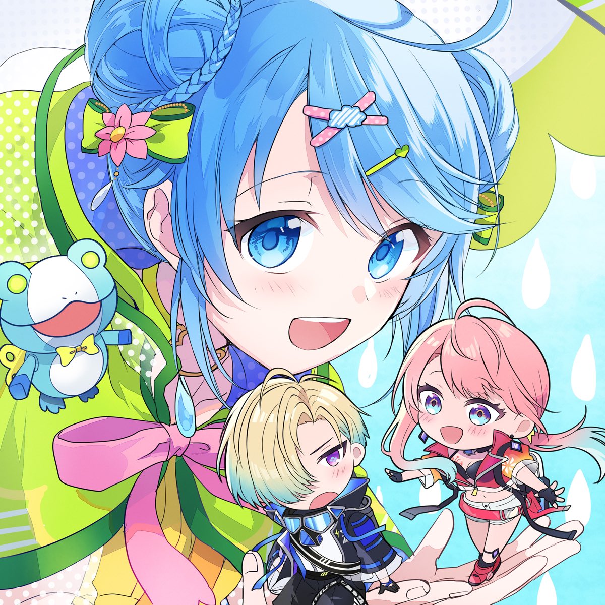 1boy, 2girls, 770_(mo70ot), ahoge, belt, blonde_hair, blue_eyes, blue_hair, chibi, choker, crop_top, double_bun, frog, goggles, goggles_around_neck, gradient_hair, hair_bun, hair_ornament, hair_over_one_eye, hair_ribbon, hairclip, highres, hood, hoodie, multicolored_hair, multiple_girls, non-humanoid_robot, open_mouth, pink_ribbon, ribbon, robot, robot_animal, satella_(shironeko_project), second-party_source, shironeko_project, short_hair, shorts, sieg_(shironeko_project), tsuyuha_(shironeko_project), violet_eyes