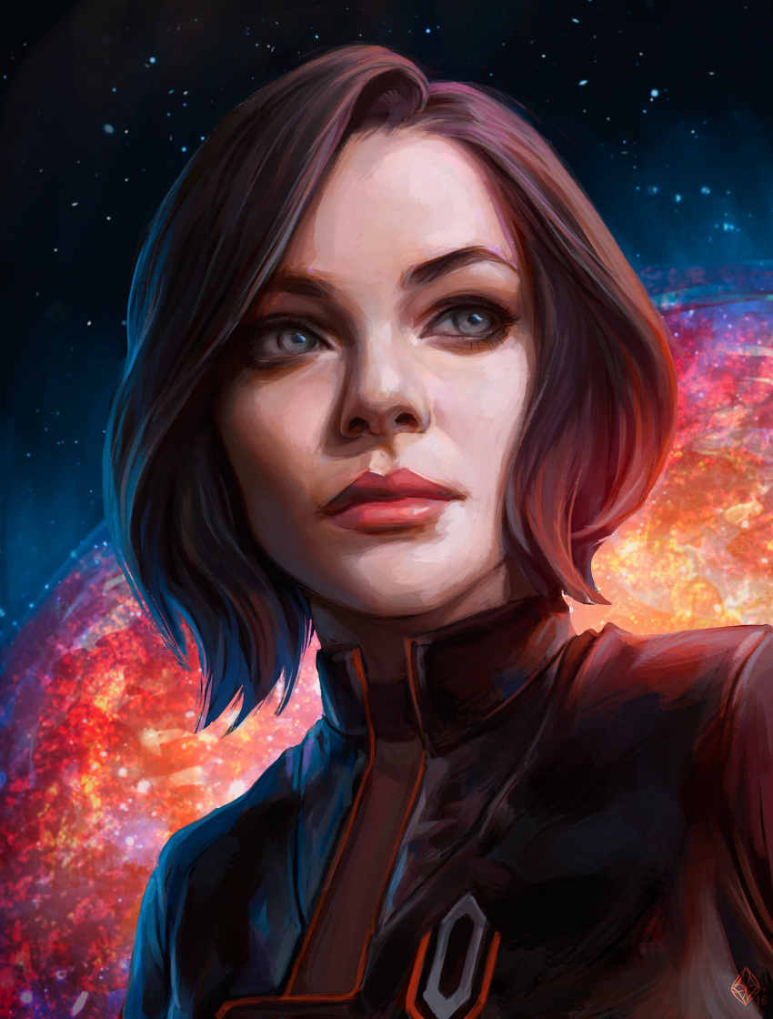 1girl, absurdres, alternate_hair_length, alternate_hairstyle, black_jacket, blue_eyes, brother_thunder, brown_hair