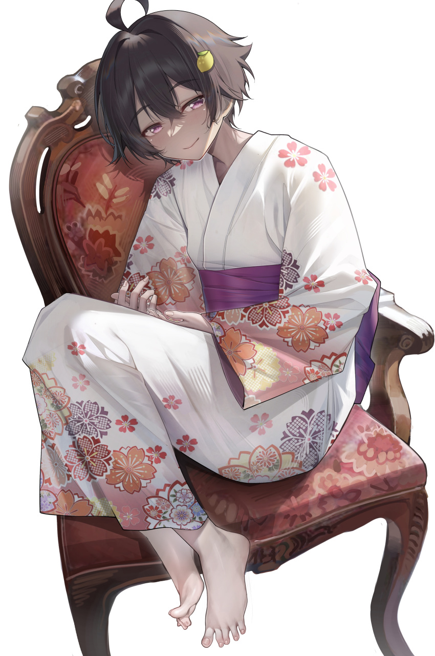 1girl, absurdres, ahoge, barefoot, black_hair, chair, dark-skinned_female, dark_skin