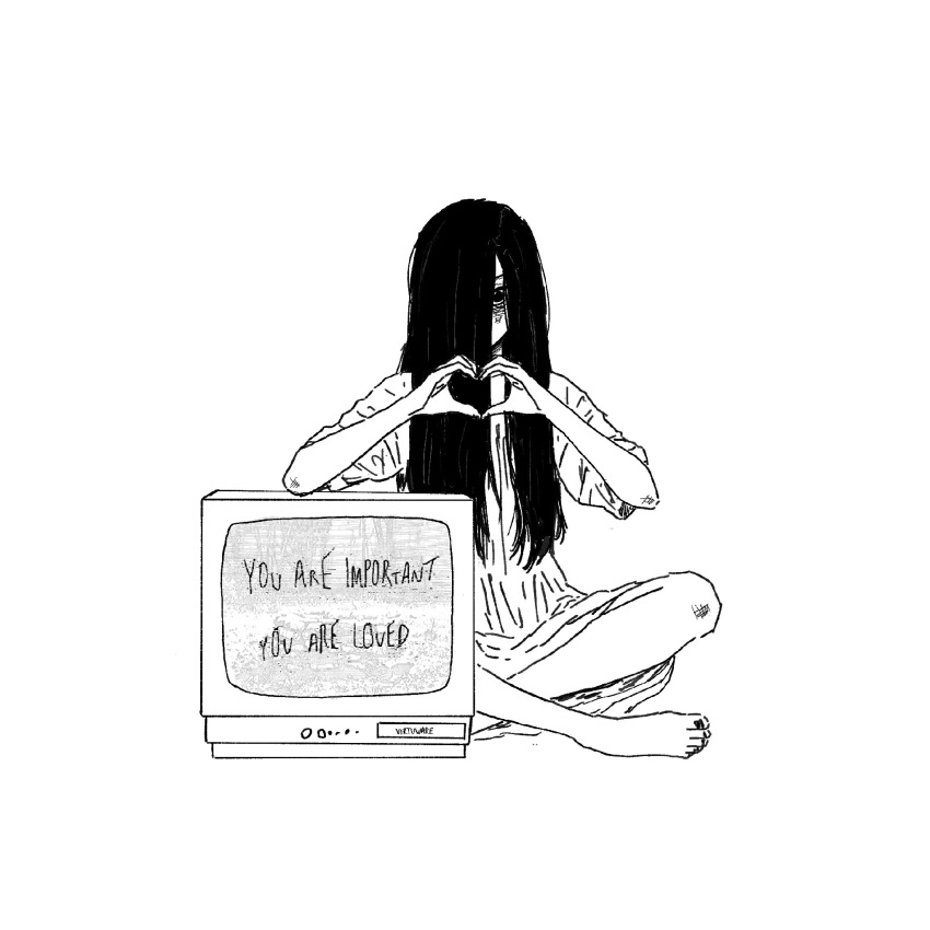 1girl, artist_name, bags_under_eyes, barefoot, black_hair, black_nails, commentary, crossed_legs