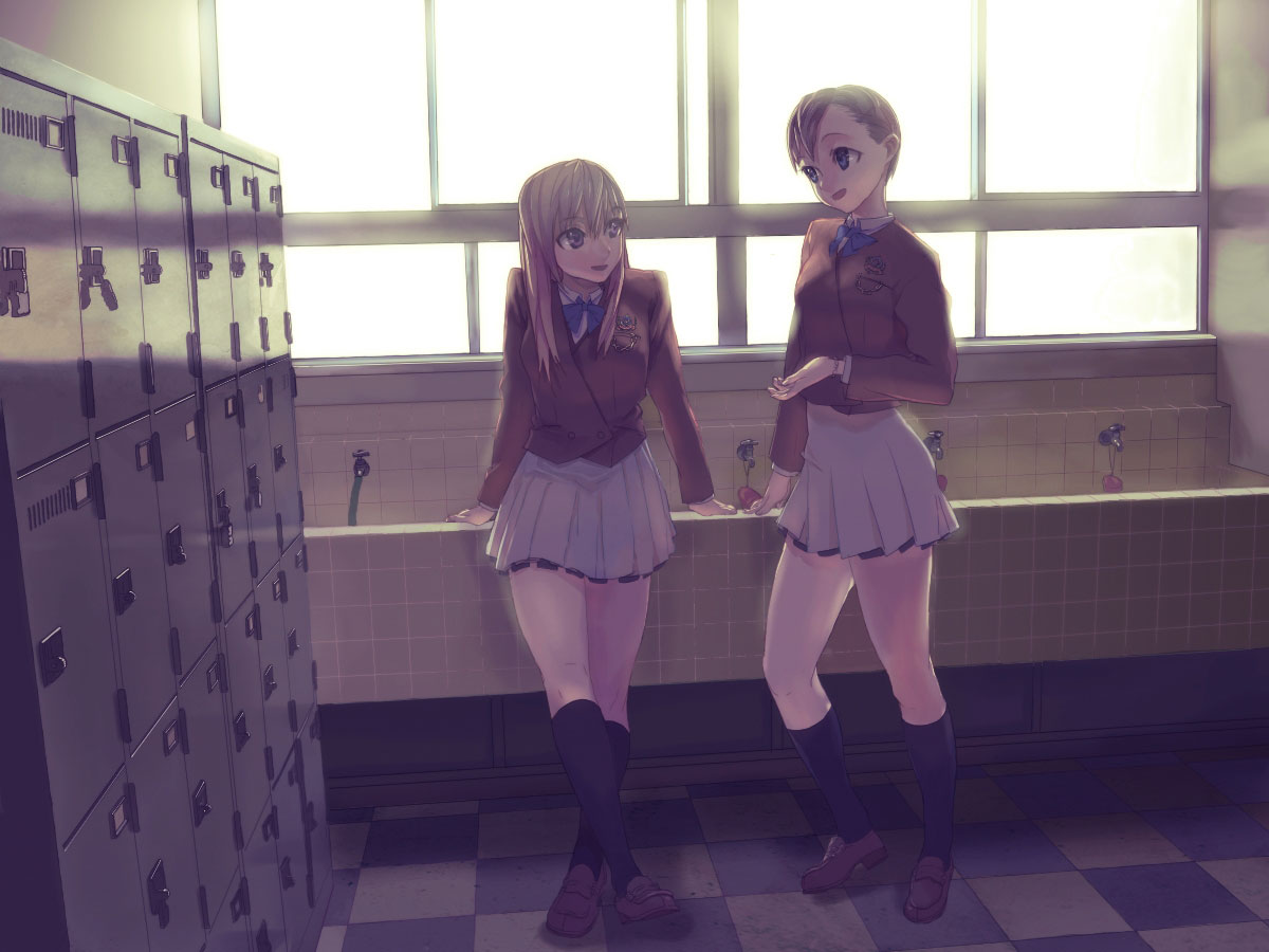 blonde_hair, blue_eyes, bow, brown_hair, checkered, checkered_floor, locker, multiple_girls