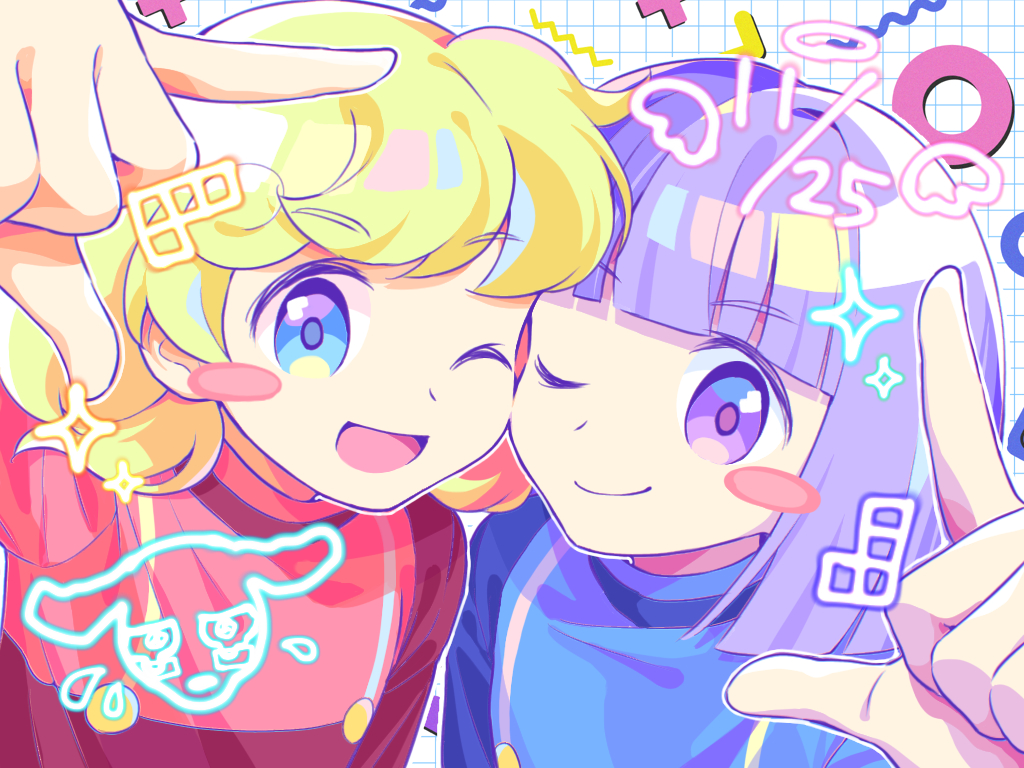 1boy, 1girl, ;), ;d, ai_(puyopuyo), blonde_hair, blue_eyes, blue_jacket