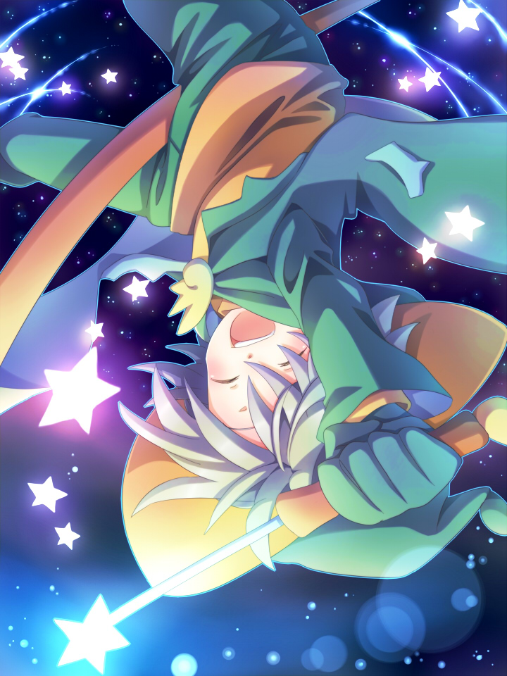 1boy, ^_^, closed_eyes, coat, coattails, cowboy_shot, gloves, glowing