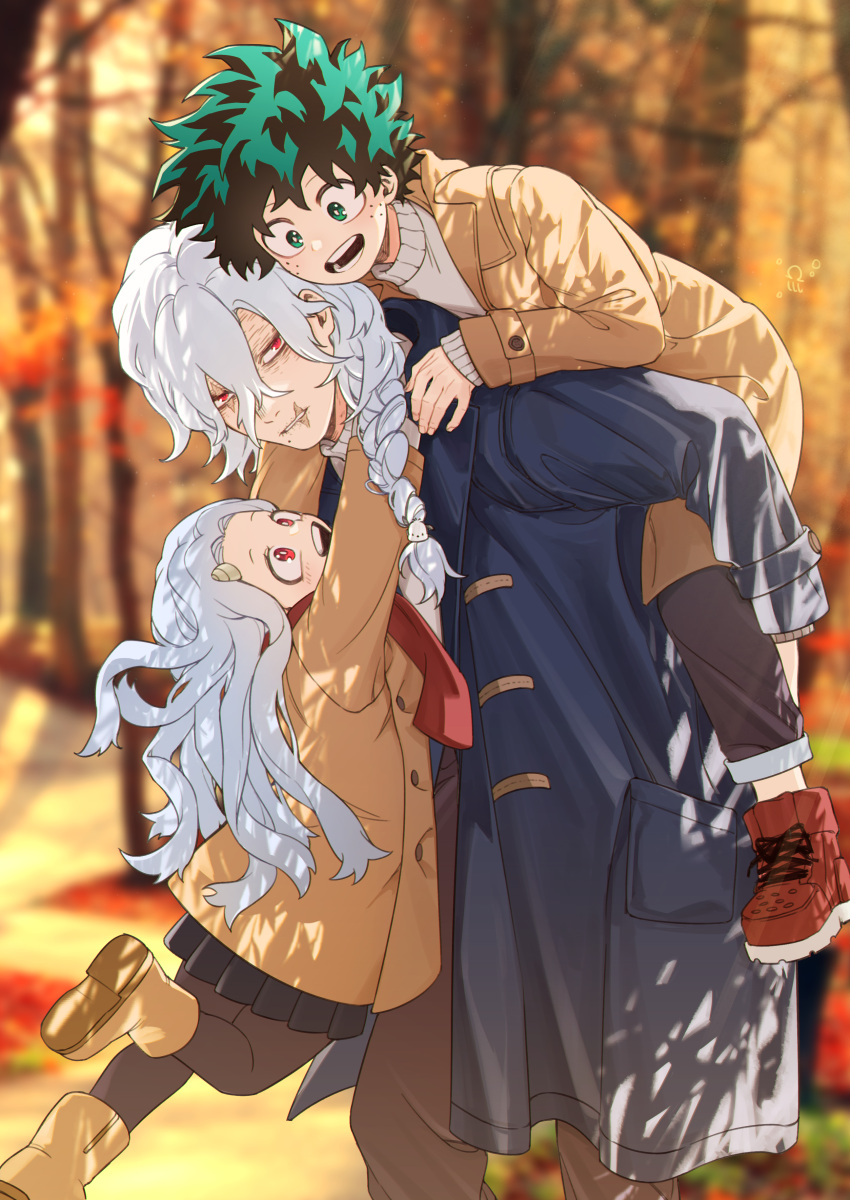 1girl, 2boys, absurdres, age_difference, alternate_costume, alternate_hairstyle, ankle_boots, aranciojelyfish